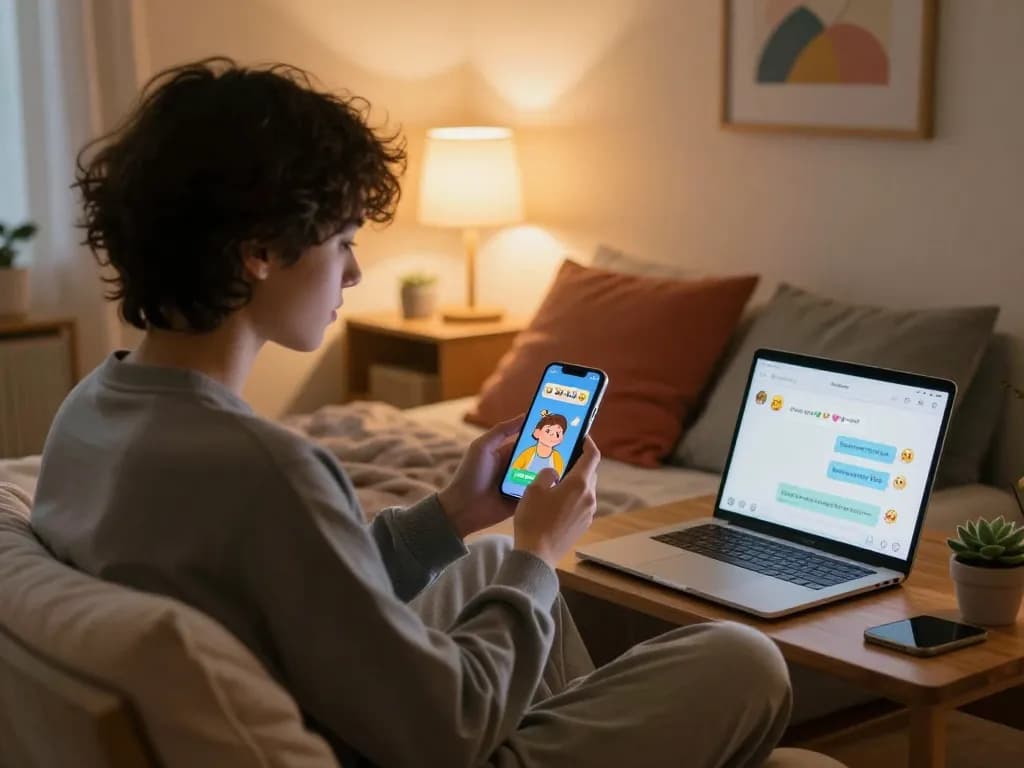 Interactive sexting AI chat in a cozy bedroom setting with vibrant emojis and playful messages.