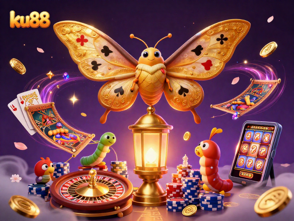 ku88 captures the thrill of casino gaming with vibrant 3D illustration showcasing golden coins and a roulette wheel.