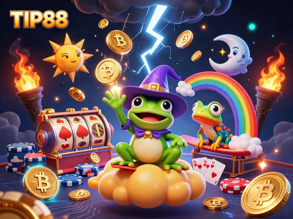 Join the excitement at TIP88, featuring a magical scene of a weather wizard frog amidst golden coins and vibrant casino elements.