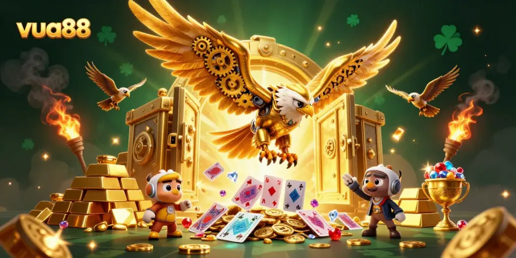 Experience immersive gameplay at vua88 with a golden eagle soaring through casino treasures.