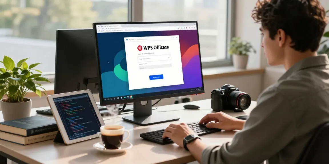 WPS Download process on a monitor in a modern office workspace with developer.