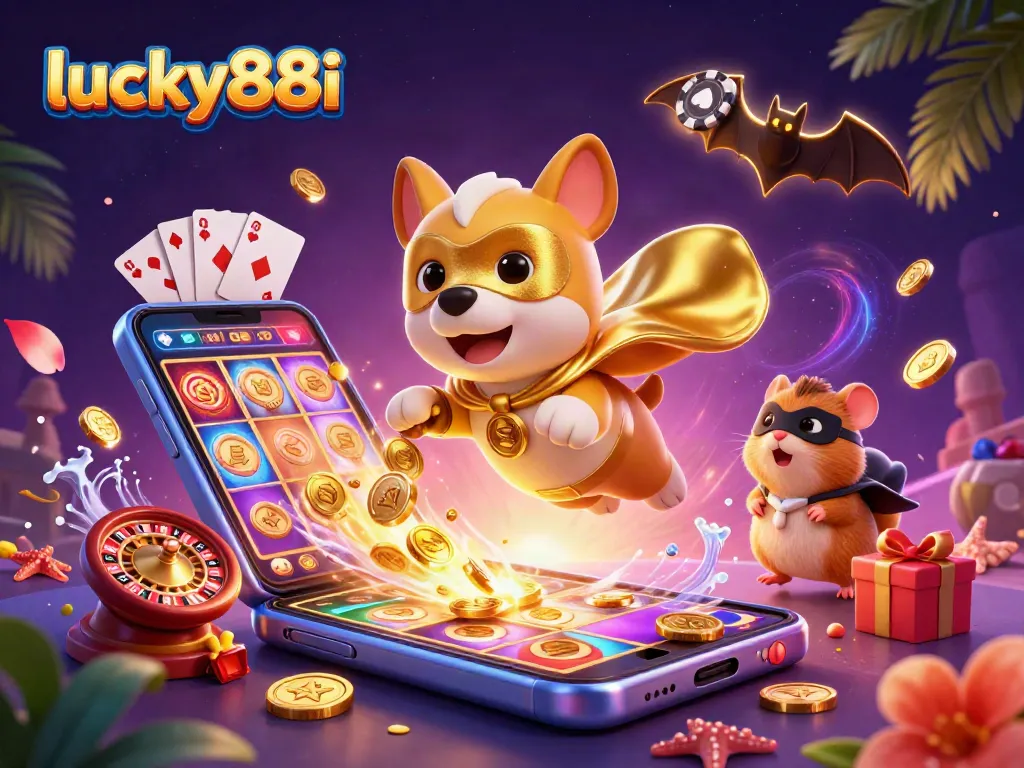 Engage in thrilling gameplay with lucky88i, featuring a superhero dog and fun casino elements in a vibrant scene.