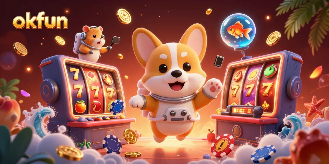 Experience fun with okfun's dynamic casino scene featuring floating slots and adorable characters.