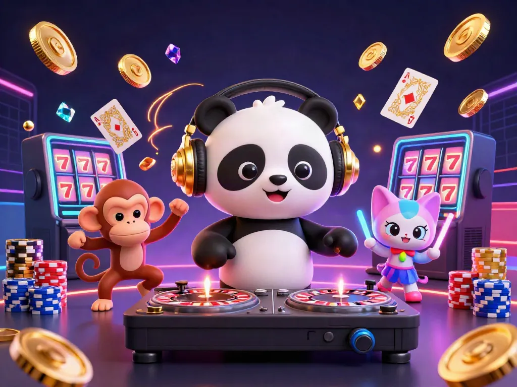 Spin to win at manclub-m7 with DJ panda and dancing monkey surrounded by casino elements.