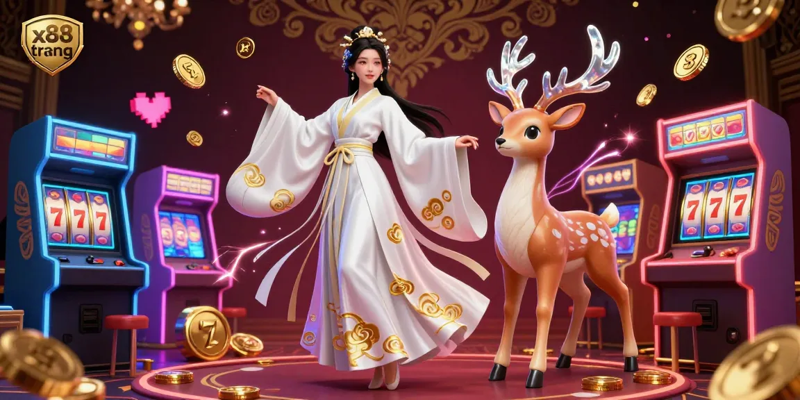 x88 trang Casino illustration featuring an Asian woman in traditional dress, surrounded by gaming action.