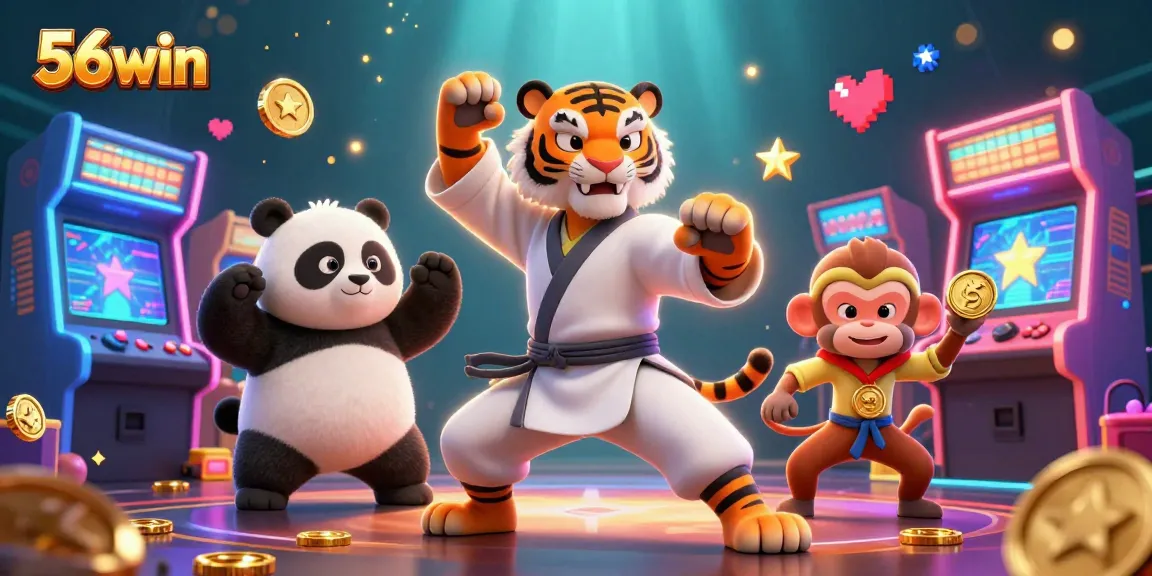 Experience the excitement of 56win with a vibrant gaming scene featuring cartoon tiger and panda masters.