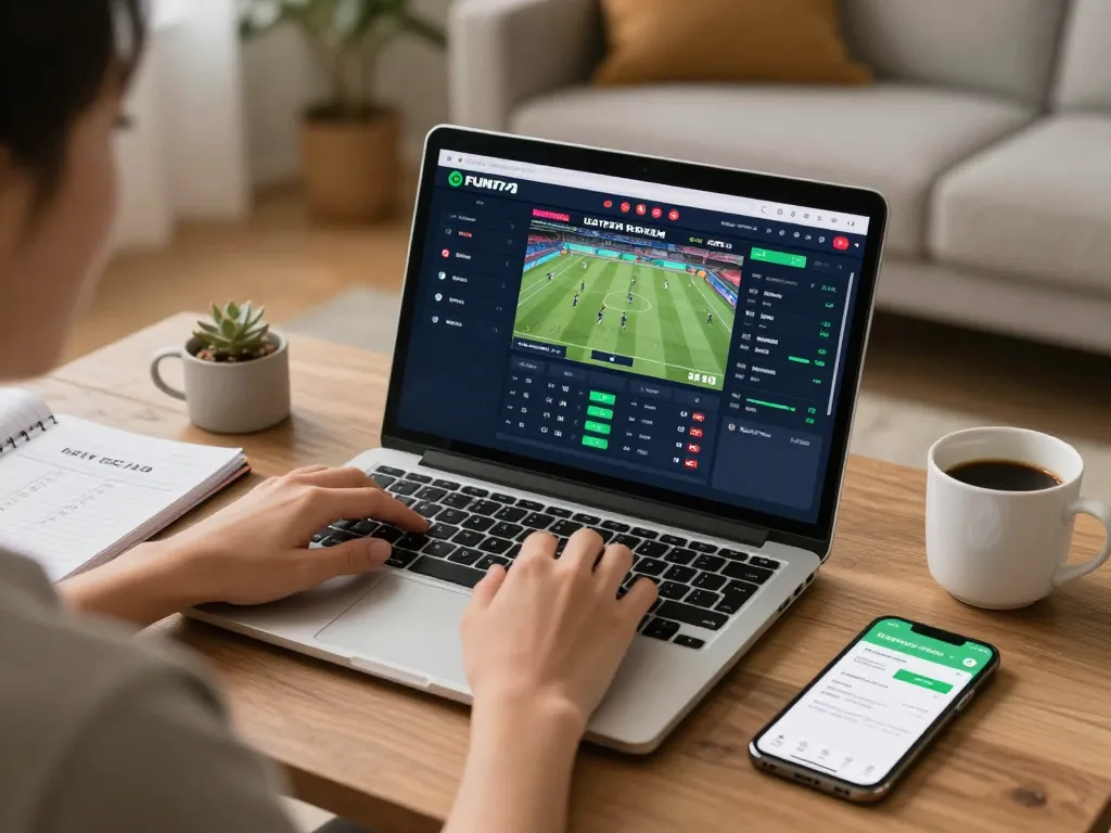 Engaging online sports betting experience with FUN79 displayed on laptop screen amidst cozy home setting.