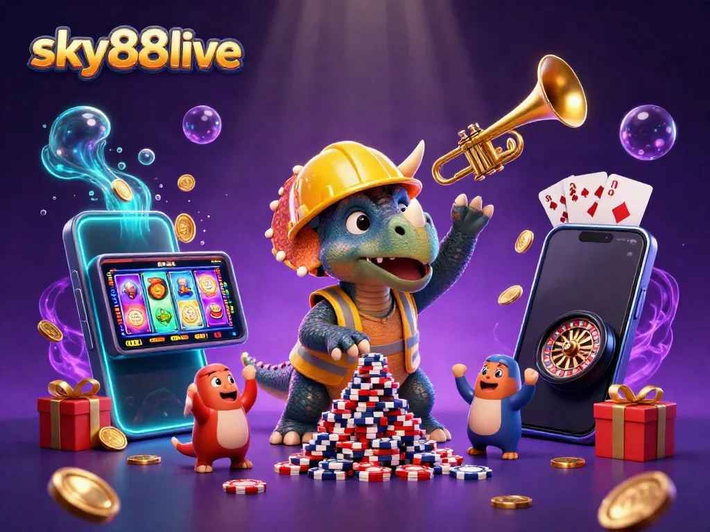 Experience the thrilling excitement of sky88live with a joyful scene of cartoon characters celebrating gambling wins with vibrant casino elements.