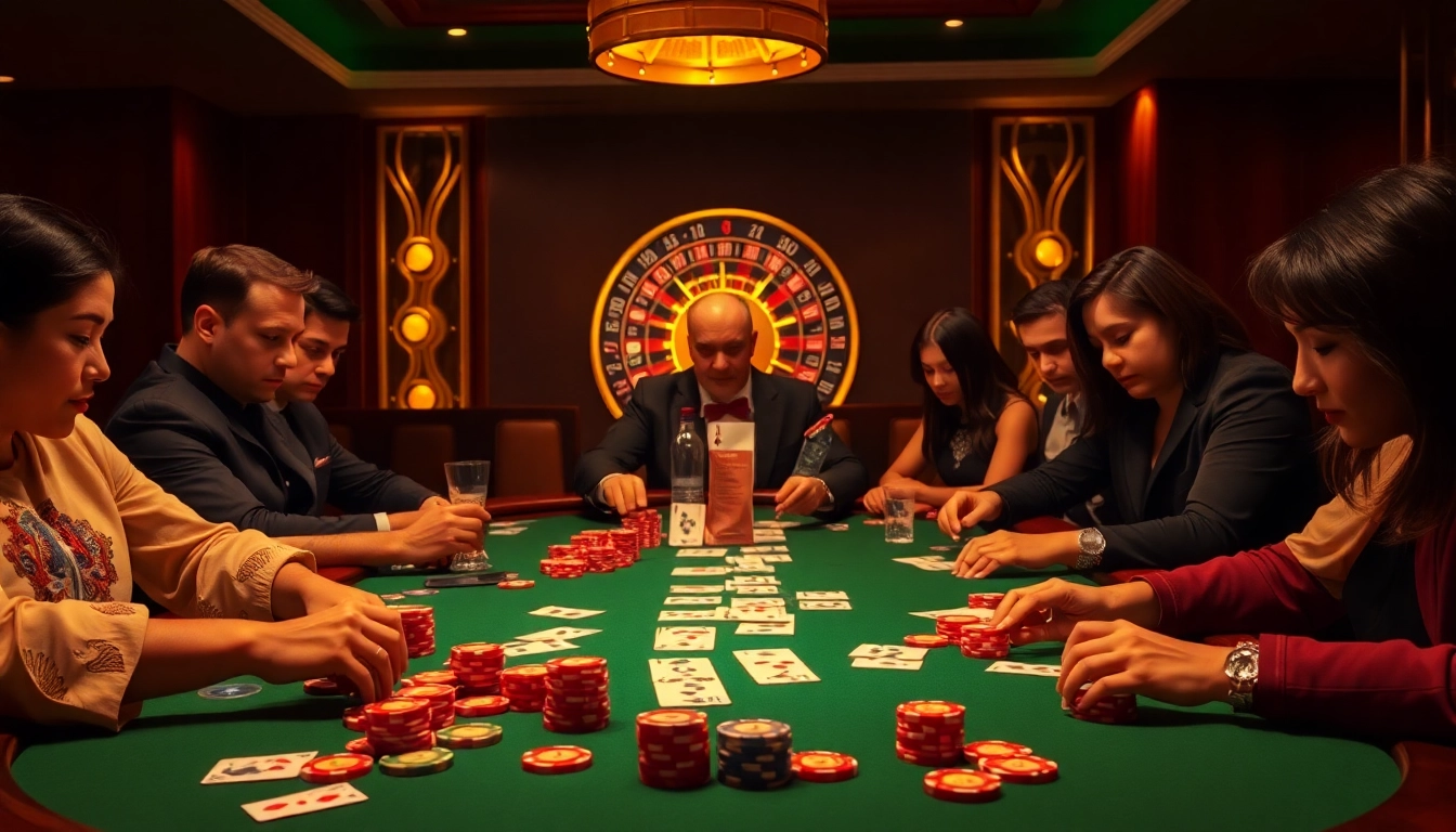 MAY88 casino scene displaying intense poker gameplay with colorful chips and elegant cards.