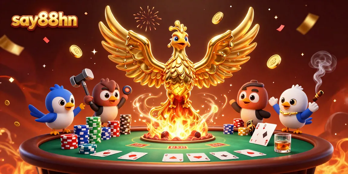 Experience high-stakes poker excitement with say88hn's golden phoenix amid lavish casino settings.