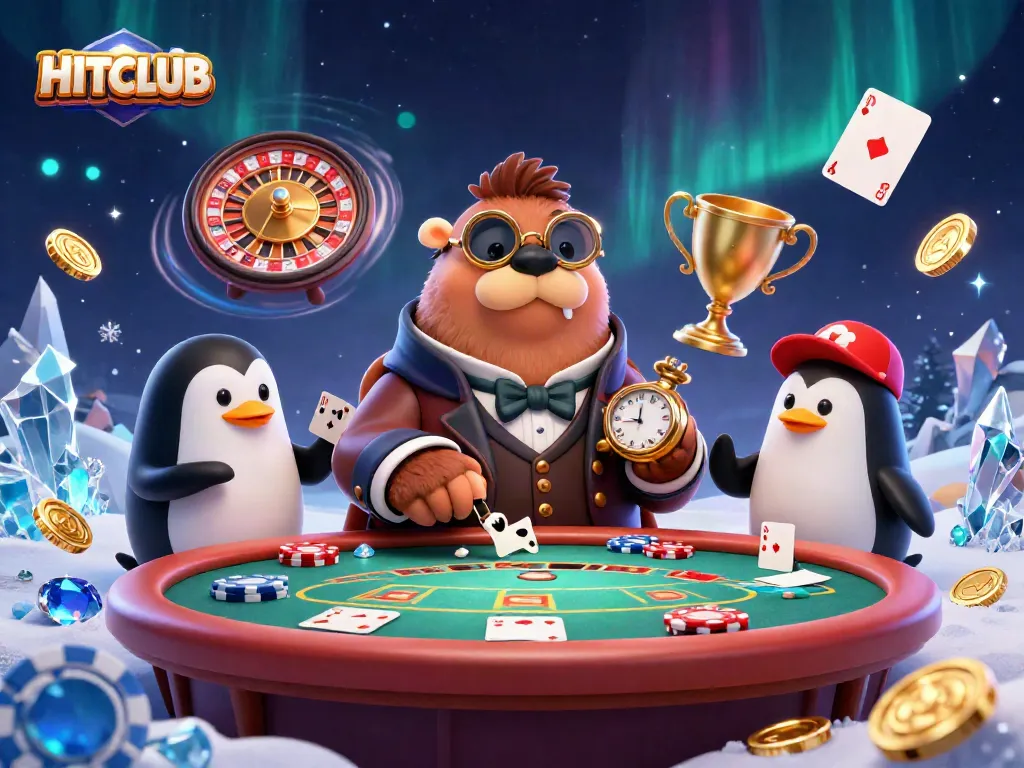 Engage in thrilling poker with HITCLUB's jolly walrus character at a live casino table.