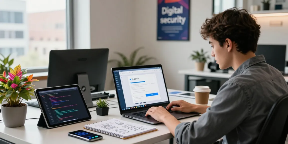 Download Telegram app displayed on laptop in a modern tech workspace, showcasing a vibrant development environment.
