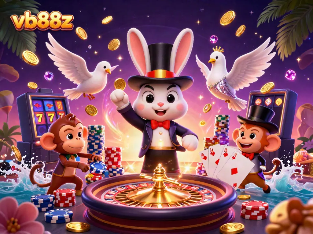 Experience exciting gameplay at vb88z with a lively illustration featuring magical casino elements.