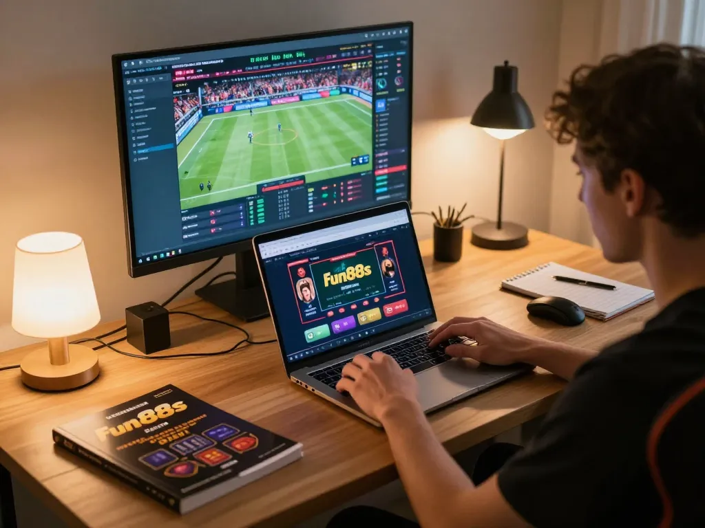 Engaging with fun88s during online gambling, showcasing an immersive gaming setup at home.