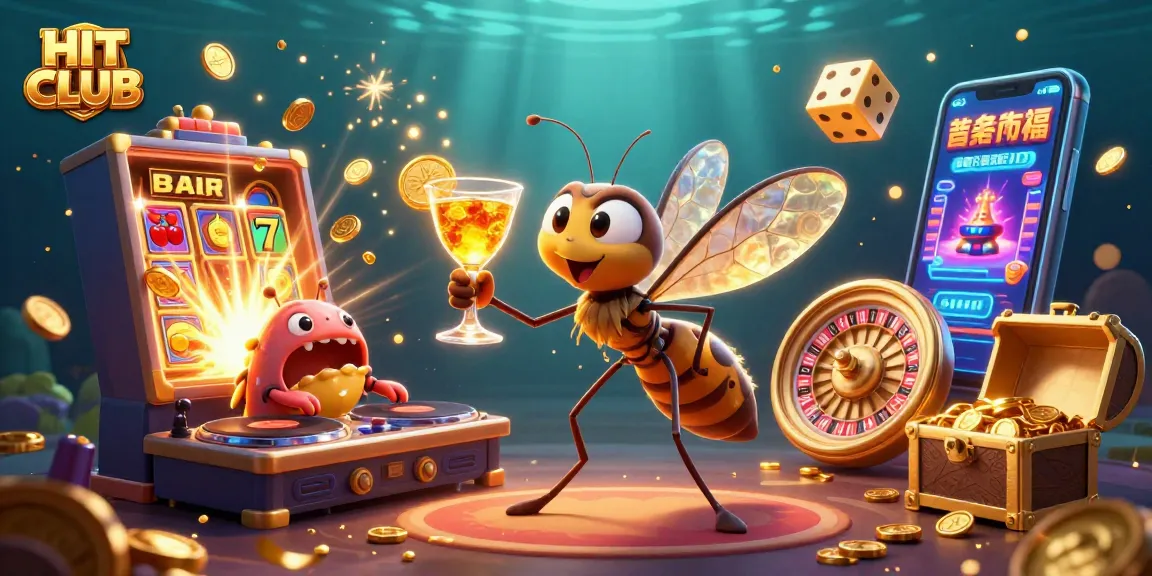 Engage with HIT CLUB's thrilling casino experience featuring vibrant illustrations of games and prizes.