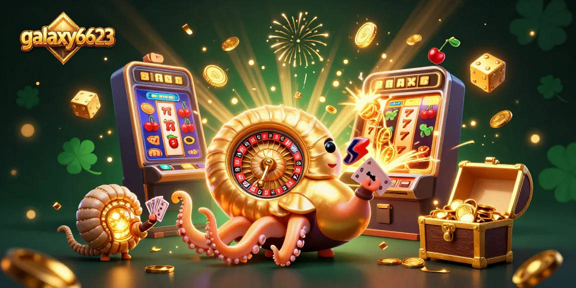 Experience the thrill of galaxy6623 with a vibrant 3D casino scene featuring a giant nautilus and jackpot elements.