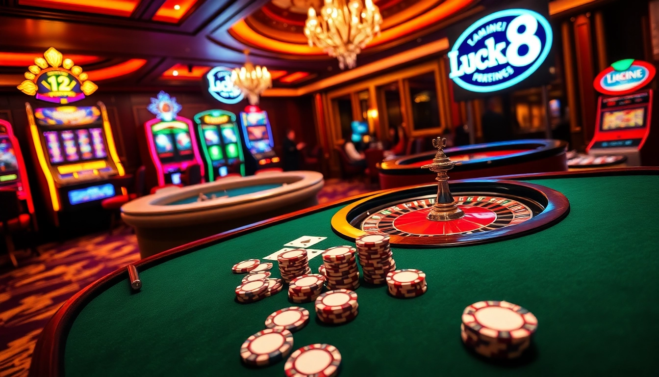 Engaging scene of a luxurious casino gaming table showcasing Luck8 with poker chips and cards.