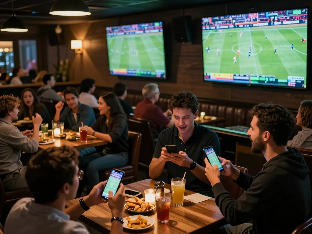 Excited sports fans enjoying truc tiep bong da hom nay at a lively sports bar, engaging in live betting.