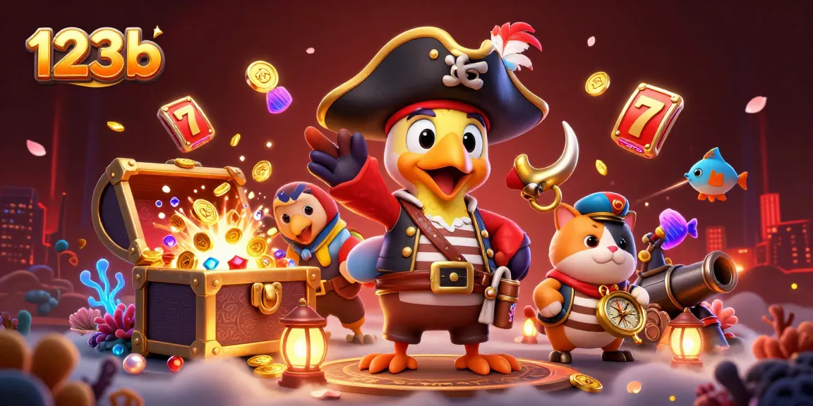 Experience thrilling wins at 123b with vibrant slot reels and a pirate-themed adventure!