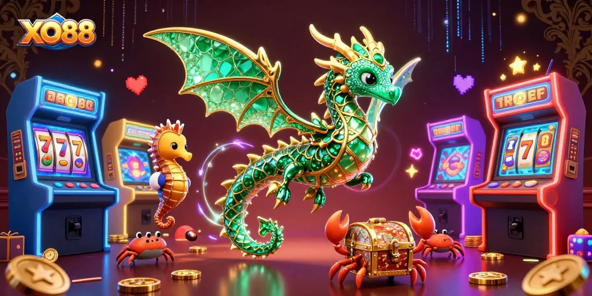 Engage in thrilling gaming at XO88 with a vibrant sea dragon and arcade game machines.