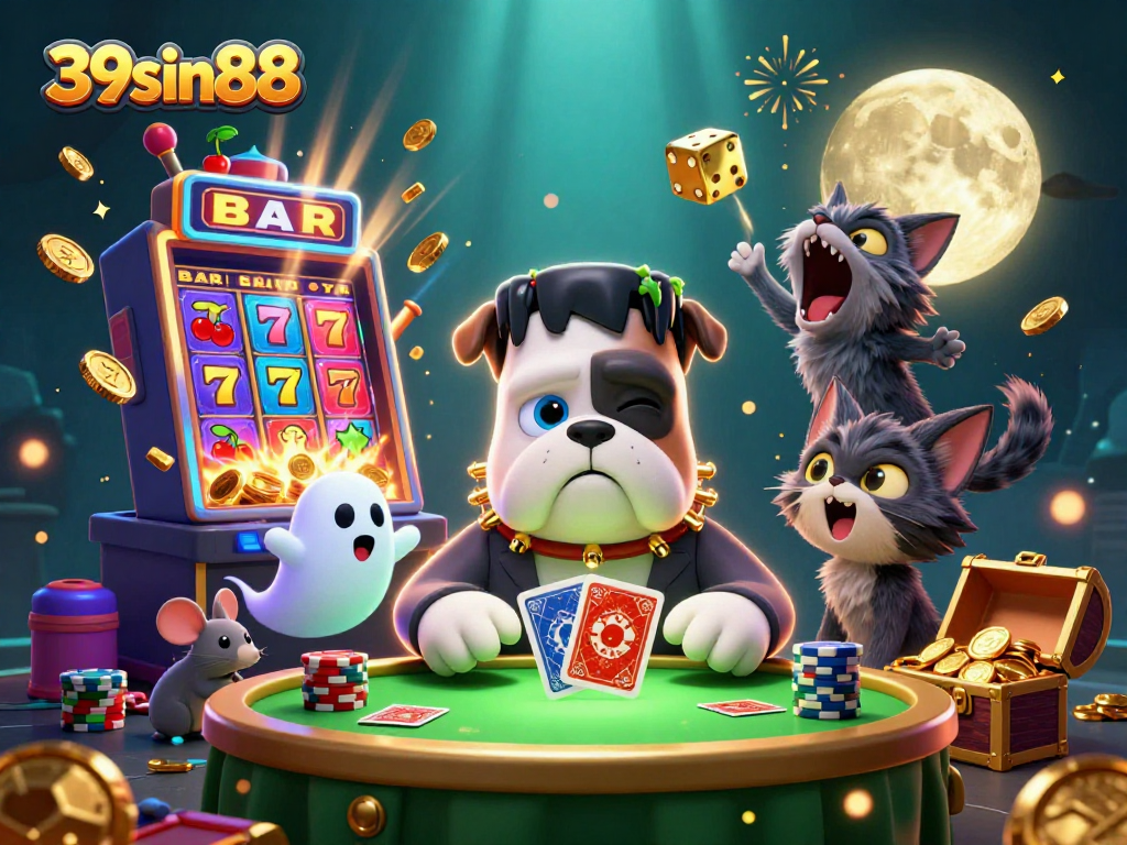 39sin88 captures the excitement of gambling with a lively 3D cartoon casino scene featuring unique characters.