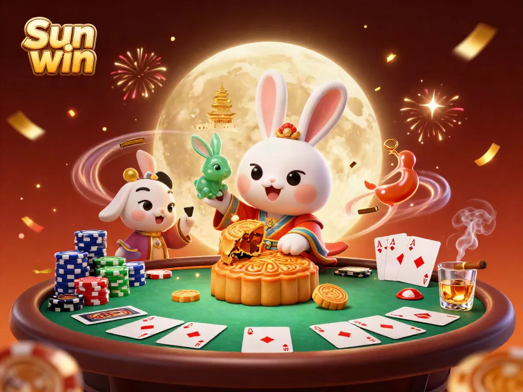 Engage in thrilling games at Sun win with exciting poker-themed moon rabbit illustration.
