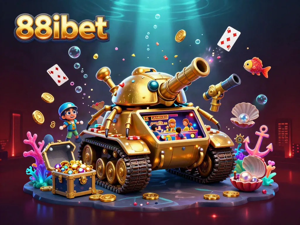 Experience the thrill of 88ibet with a vibrant casino scene inside a golden beetle tank, bursting with jewels and excitement.