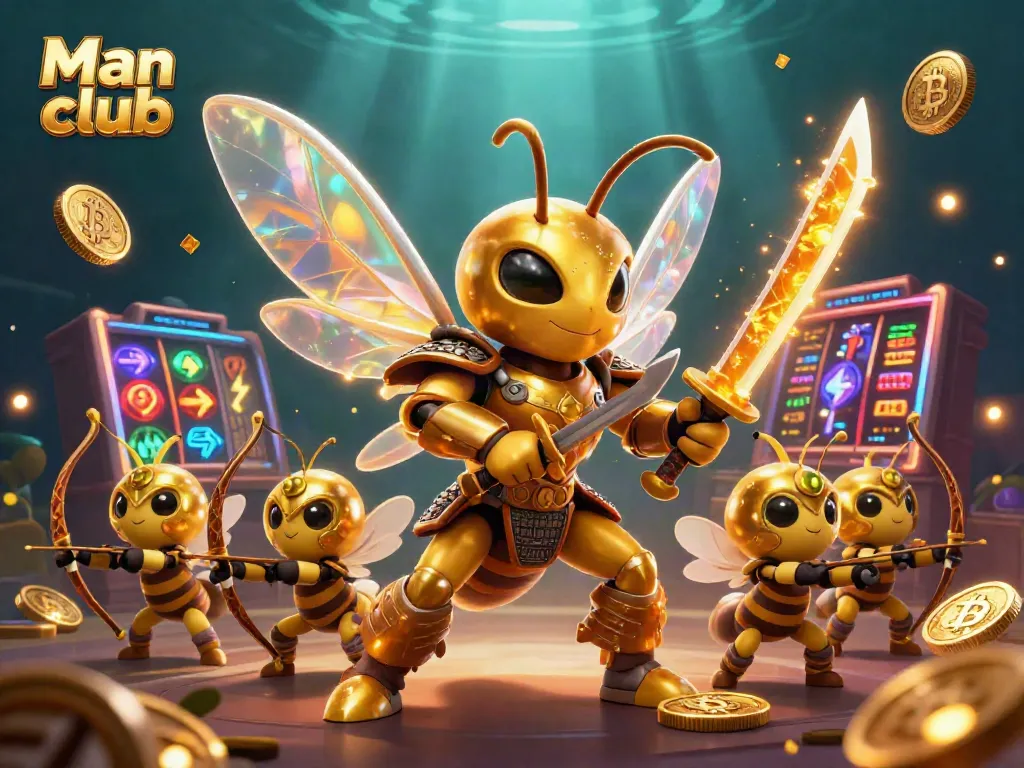 Engage in exciting action at Man club with a giant hornet and bee archers amidst vibrant casino elements.