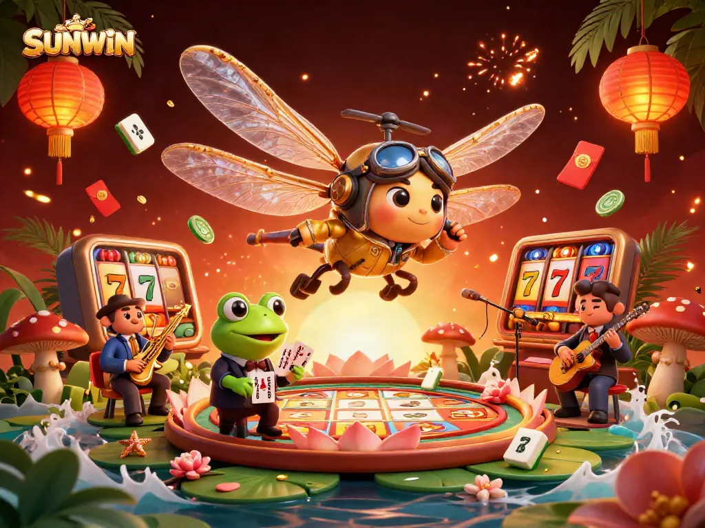 SUNWIN players enjoying slots and cash games in a vibrant casino with unique characters and festive elements.