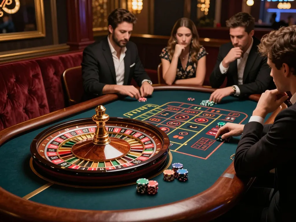 Players strategizing at the roulette table in a casino, red88de offers thrilling gaming experiences.