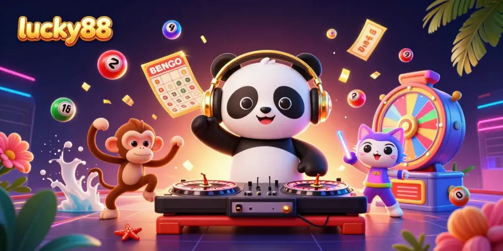 Join the fun at lucky88 with a DJ panda and friends celebrating with vibrant gambling elements.