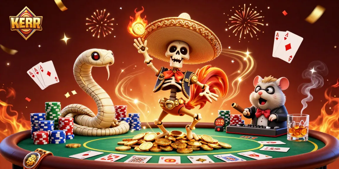 Engaging cartoon scene of a lively skeleton rooster and characters celebrating poker victories.