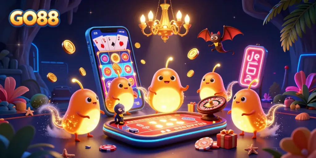 Engage in mesmerizing gameplay at GO88 with a vibrant 3D cartoon casino scene lighting up the night.