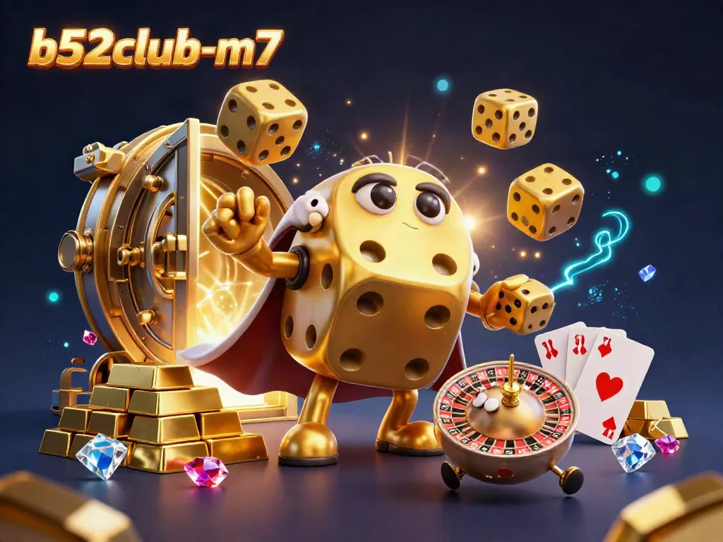 Experience thrilling fun at b52club-m7 with captivating golden dice characters in a vibrant casino scene.