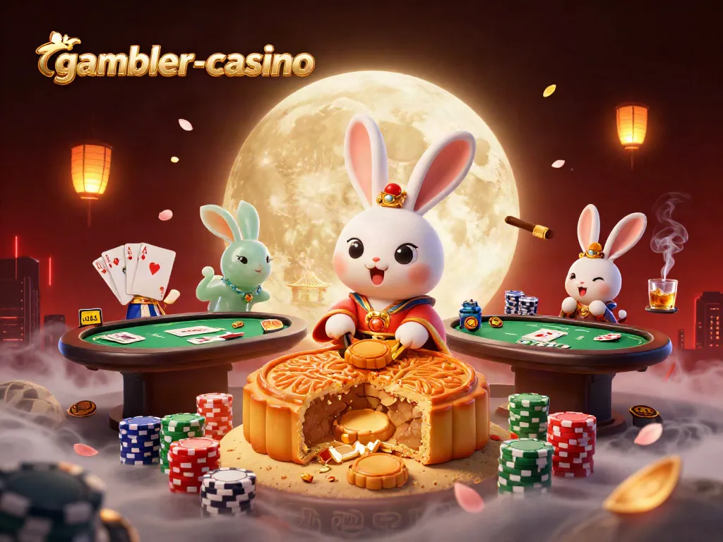 Illustration av en 3D kanin som bankar guldmånar vid en kasinotabell – gambler-casino