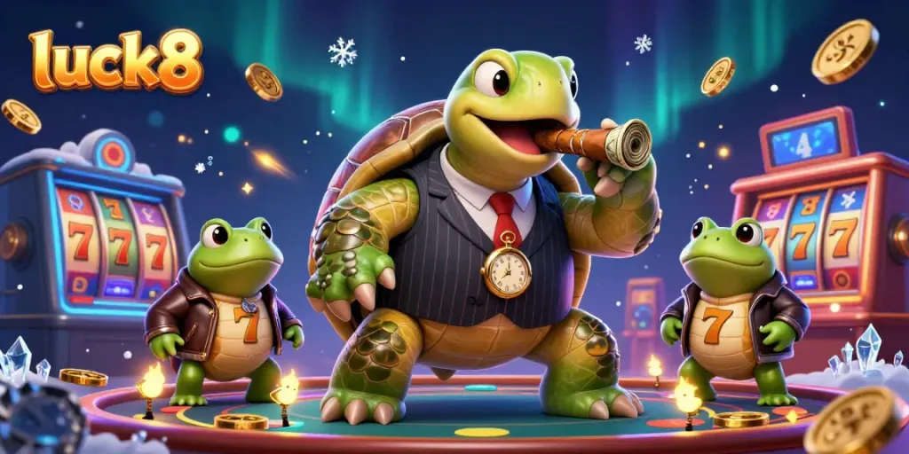 Engage with luck8's massive snapping turtle mobster amidst dynamic casino visuals and lively slot elements.