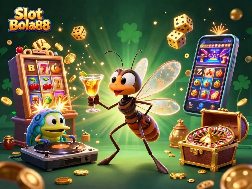 Play Slot Bola88 with vibrant characters and exciting casino elements in a dynamic 3D scene.