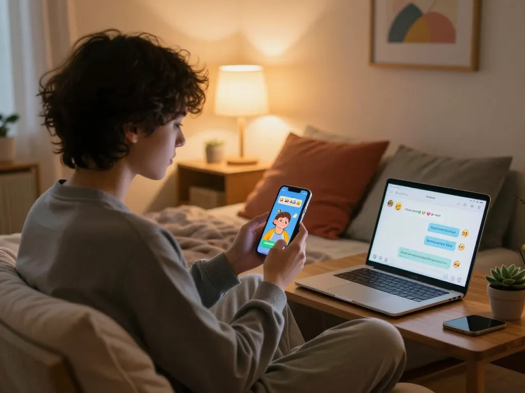 Interactive sexting AI chat in a cozy bedroom setting with vibrant emojis and playful messages.