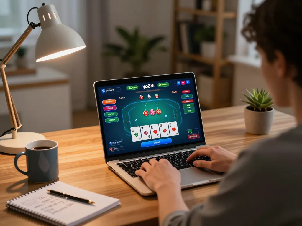 Engaging player using yo88i for online poker in a cozy home environment, showcasing strategic gaming atmosphere