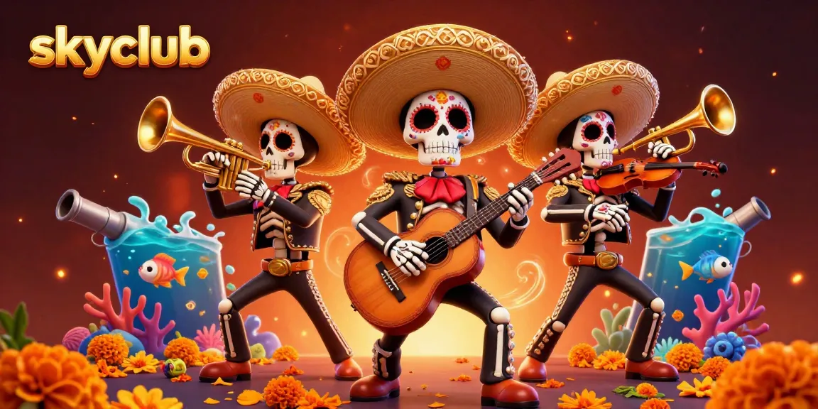 Experience joy at skyclub with vibrant fish shooting gameplay and lively mariachi characters.