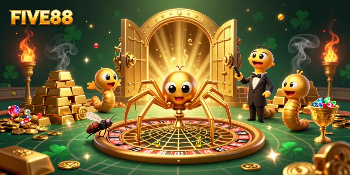 FIVE88's cartoon spider spins a roulette web as a fly places bets in a rich casino scene.