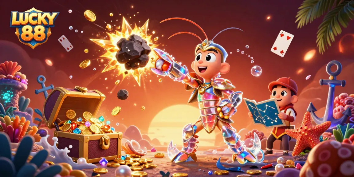 Experience the thrill of LUCKY 88 as a galactic mantis shrimp battles for treasure amidst vibrant underwater gems.