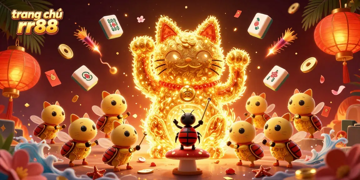 Experience the excitement at trang chủ rr88 with a vibrant illustration of a lucky cat and casino symbols.