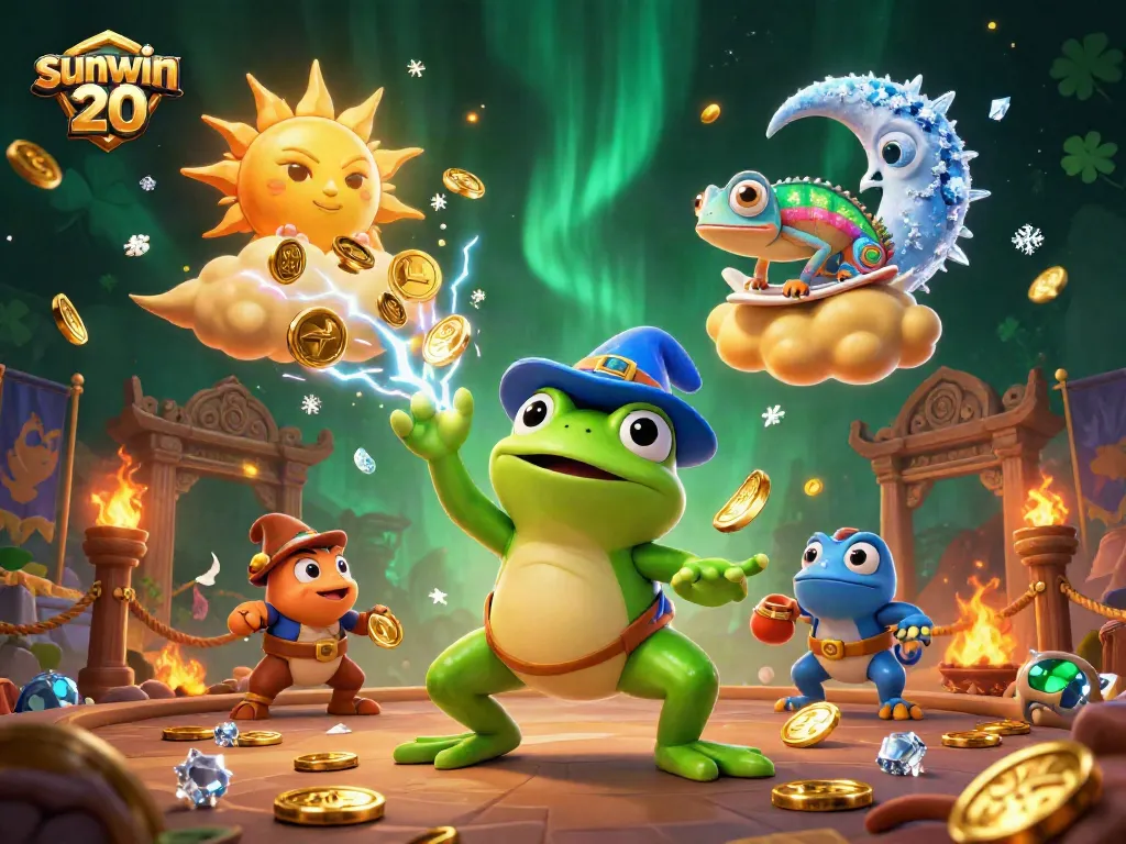 Join the excitement at sunwin 20 with a magical storm of golden coins and vibrant characters celebrating wins.