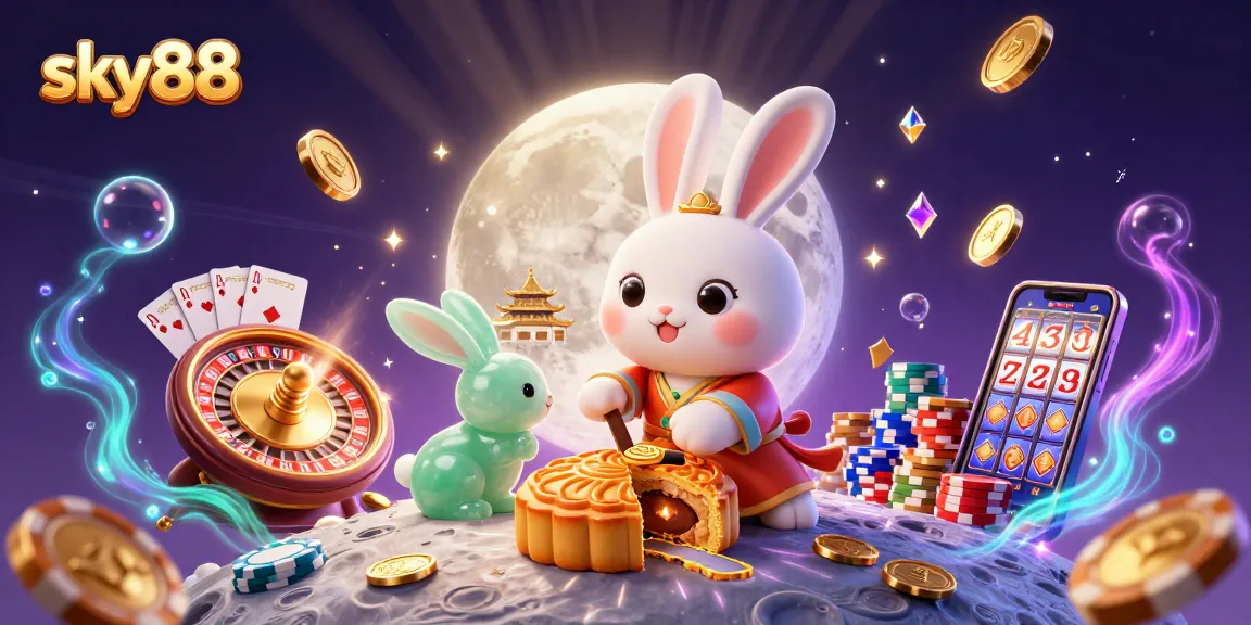 Experience excitement at sky88 with a moon rabbit celebrating wins amidst floating casino rewards.