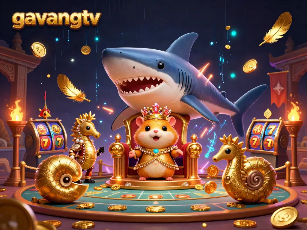 Experience the thrill of gambling with GavangTV in this vibrant 3D illustration of a golden hamster king and his royal guards.