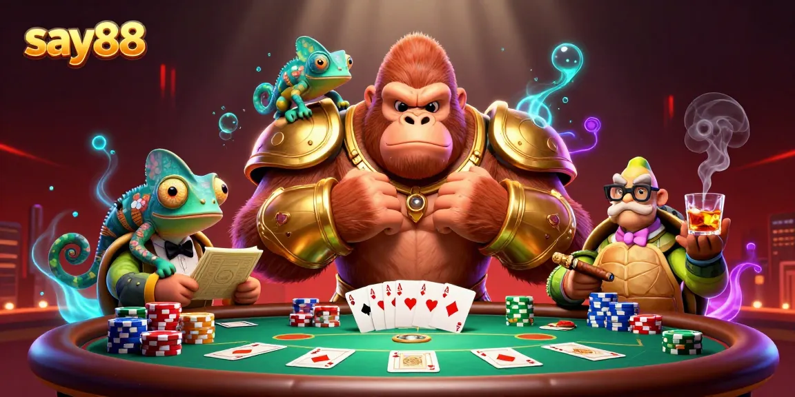 Experience thrill at say88 with a vibrant casino scene showcasing card games and energetic characters.