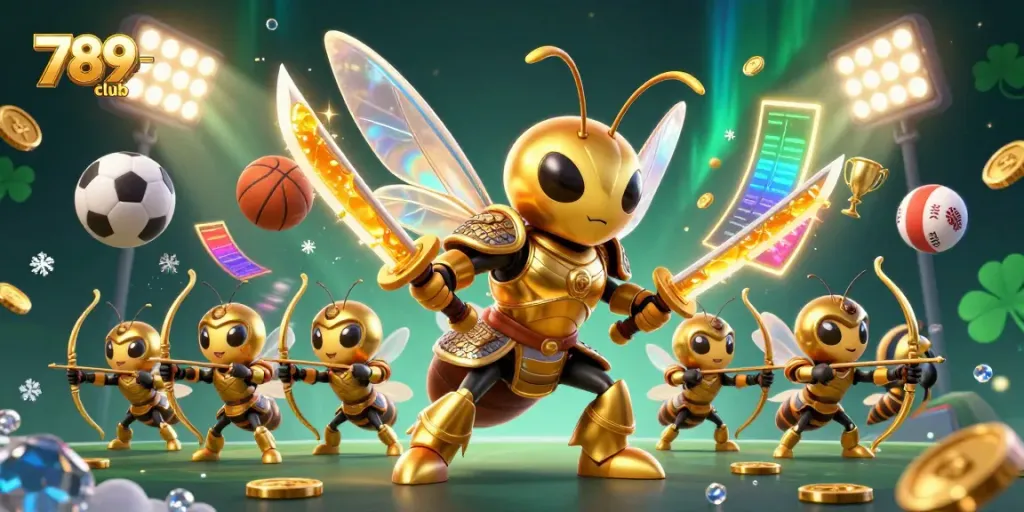 Engage with the action of 789-club as a golden hornet samurai wields katanas amidst dynamic sports elements.