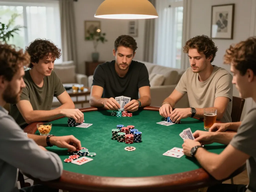 Players engaging in a thrilling poker game at home showcasing rr88 betting strategies.