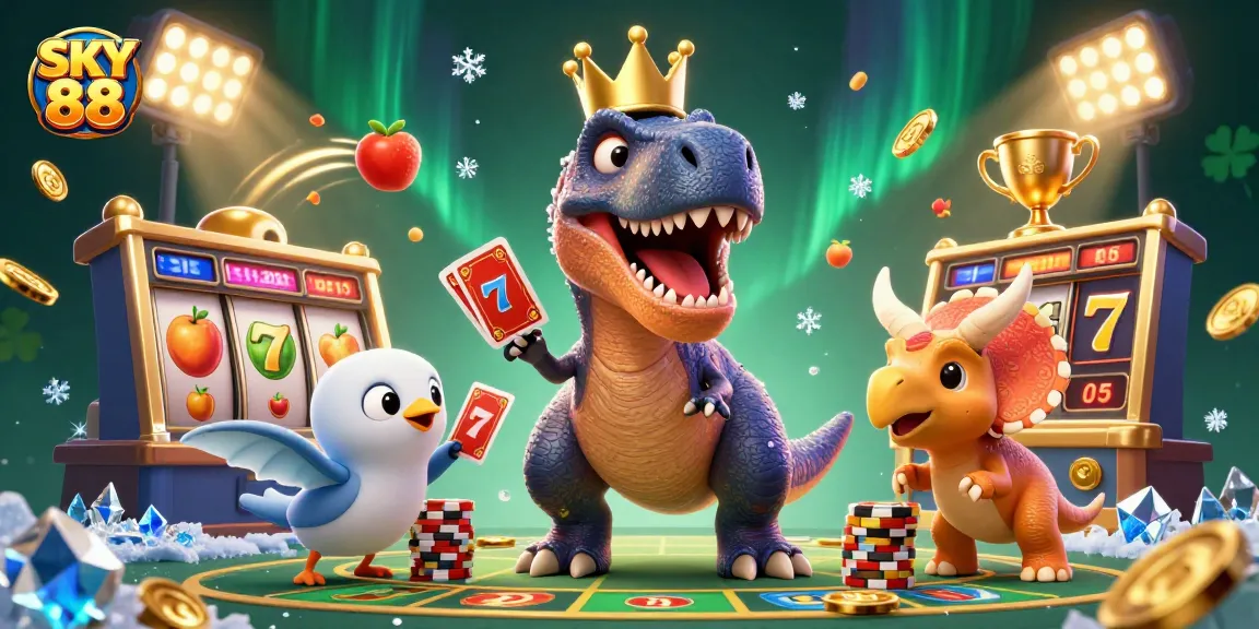 Join the excitement at SKY 88 as a friendly T-Rex shuffles cards surrounded by vibrant slot reels and golden chips.